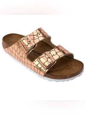 Birkenstock Metallic Rose Gold Croc-Embossed Two-Strap Sandals